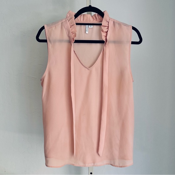 Elle Soft Peach Chiffon Ruffle Tie Neck Short Sleeve Top, Small - Picture 1 of 8